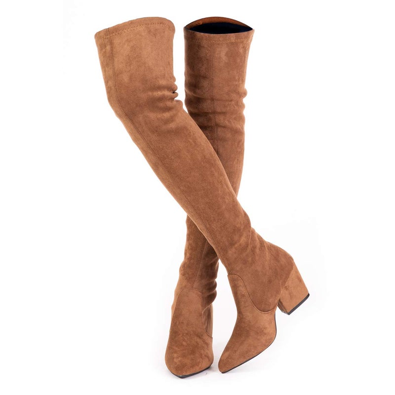 Mtzyoa Over The Knee Boots for Women Brown Size 8 Suede Block Heel Thigh High Long OTK Winter Stretch Above Knee Pointed Toe - Image 1